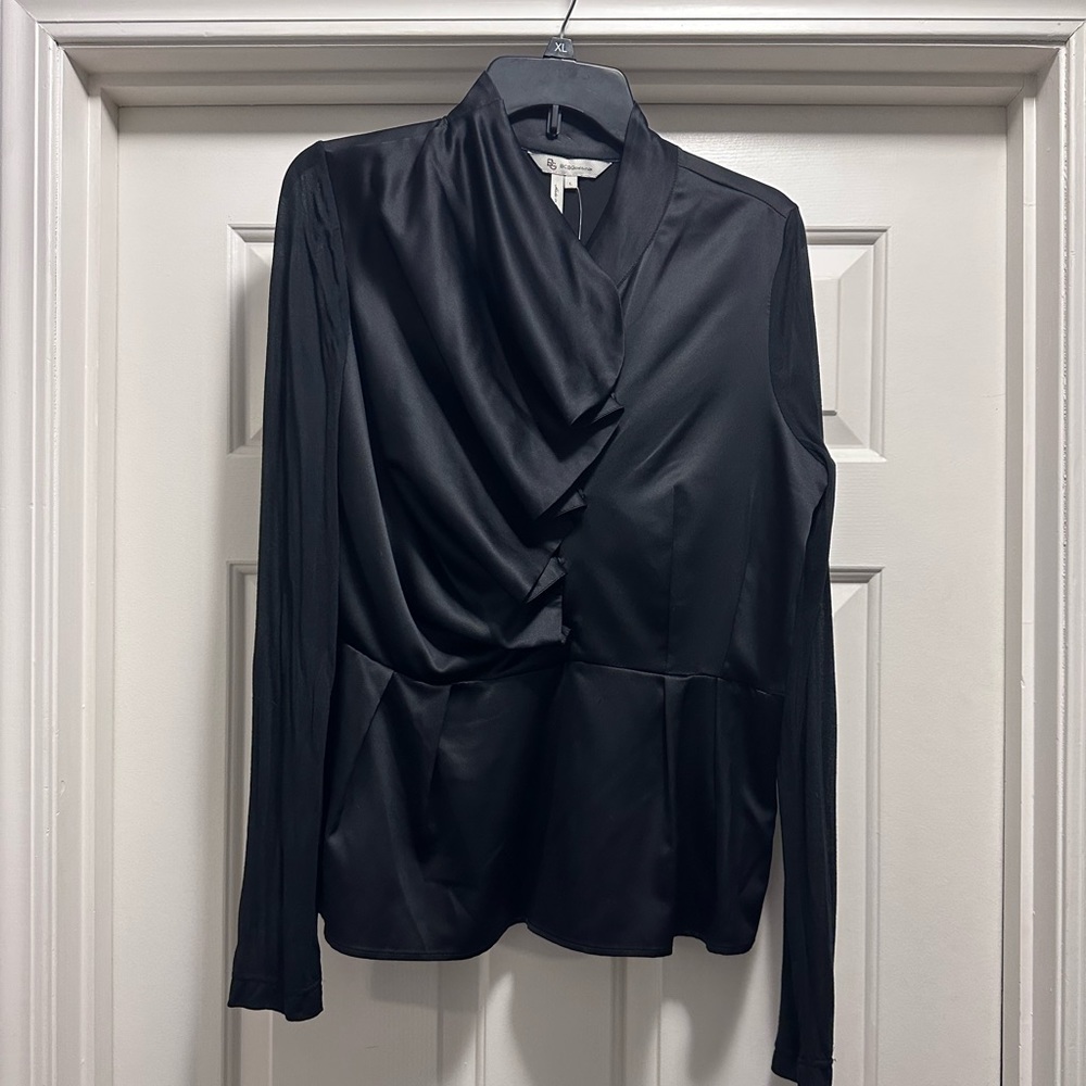 BCBGeneration black, silk waterfall front blouse
